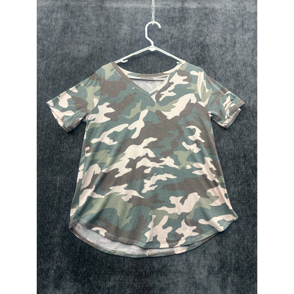 Zenana T Shirt Women Large Multicolor Camouflage Stretch Round Hem V Neck Summer - Picture 1 of 13
